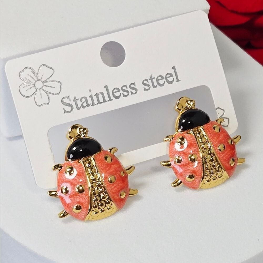 Gold Coral Ladybug Stud Earrings Stainless Steel Oil Drop Cute Bug Jewelry